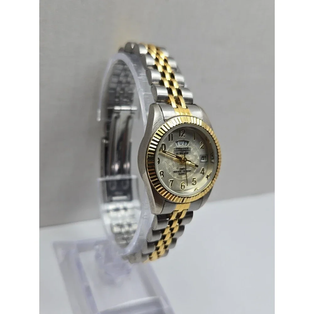 Prestige By Waltham Womens Two Tone Gold Day Date Quartz Dress Watch New Battery